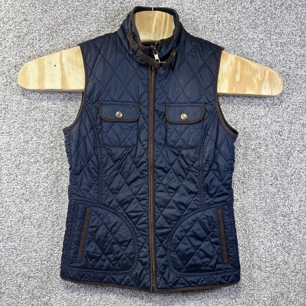 Banana Republic Mens XS Quilted Vest Navy Blue Brown‎ Trim Full Zip 970187